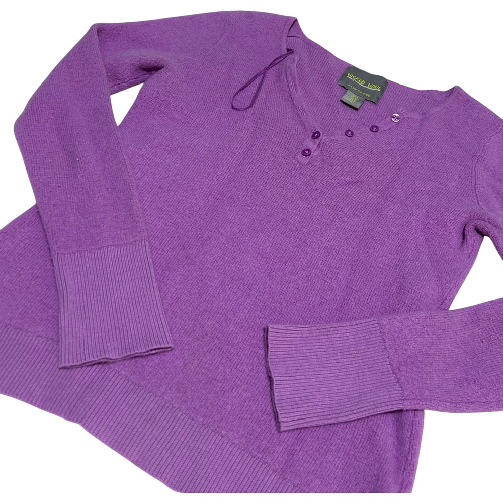 Wicked Wool Henley Sweater Womens Medium Purple Extrafine Merino Wool Knit Top